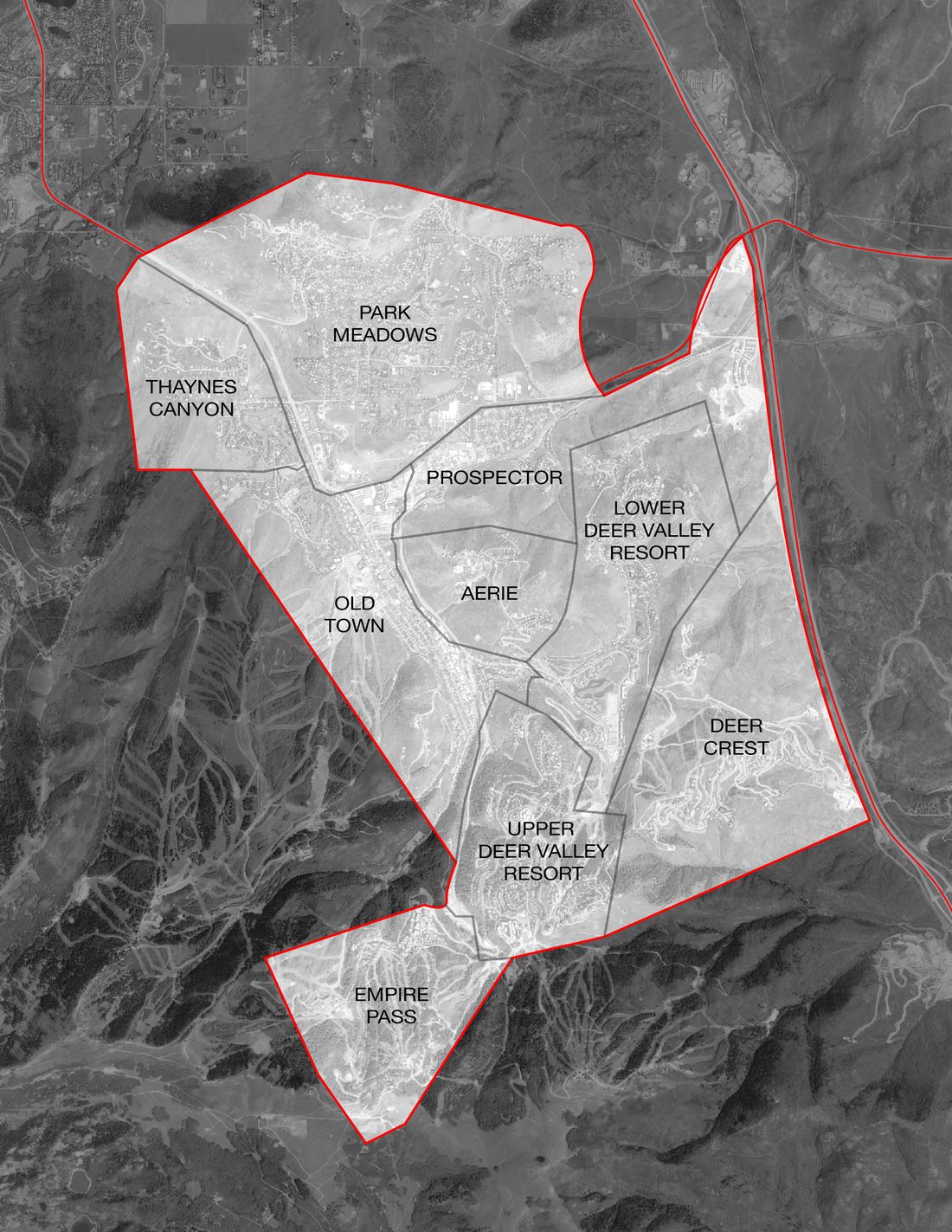 Map of Park City limits including Park Meadows, Thaynes Canyon, Prospector, Old Town, Aerie, Deer Valley, Deer Crest and Empire Pass