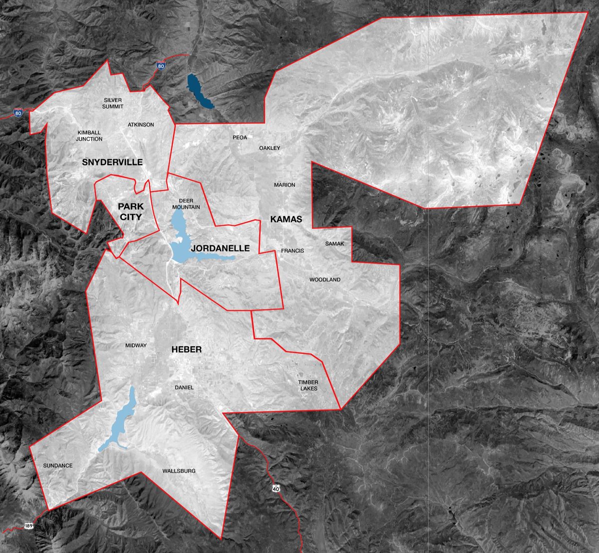 Map of the Park City area showing Snyderville, Park City, Jordanelle, Kamas and Heber boundaries
